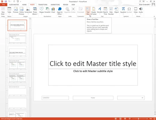 Kā pievienot atkārtotu tekstu vai citus elementus programmā PowerPoint 2013