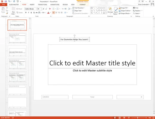 Kā pievienot atkārtotu tekstu vai citus elementus programmā PowerPoint 2013