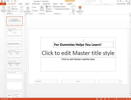 Kā pievienot atkārtotu tekstu vai citus elementus programmā PowerPoint 2013