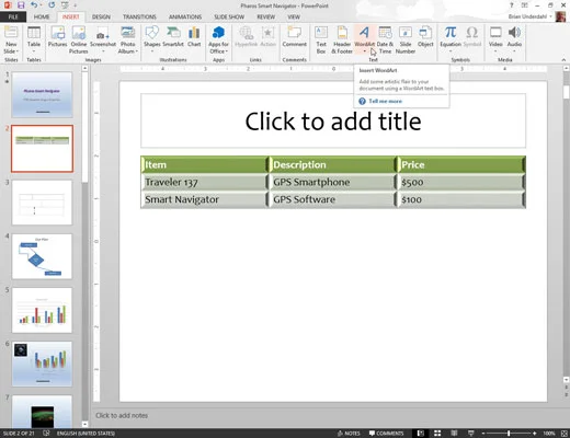 Kako vstaviti WordArt v diapozitiv PowerPoint 2013