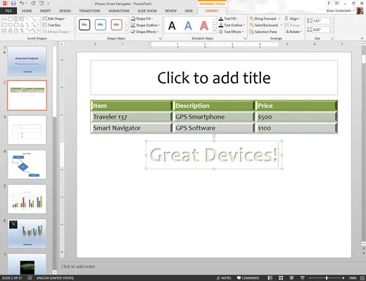 Kā ievietot WordArt PowerPoint 2013 slaidā