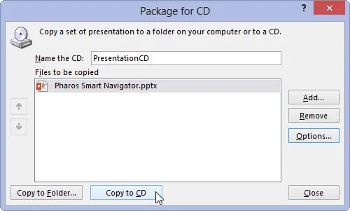 Kā iesaiņot PowerPoint 2013 prezentāciju kompaktdiskā