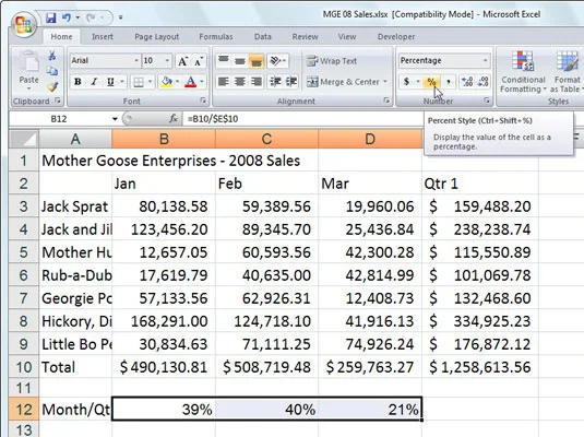 Примена стила процента у програму Екцел 2007