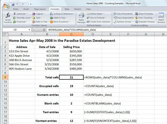 Šūnu skaitīšana, izmantojot Excel 2007s COUNT funkcijas