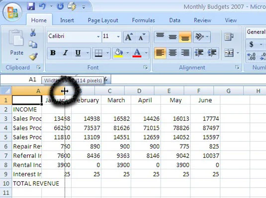 Kā mainīt kolonnas platumu un rindas augstumu programmā Excel 2007