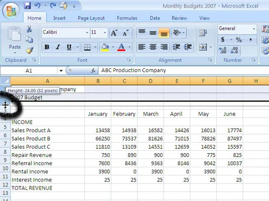 Kā mainīt kolonnas platumu un rindas augstumu programmā Excel 2007