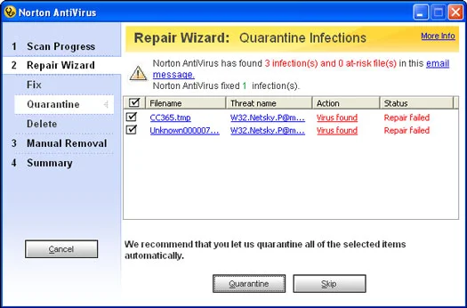 Tegevused, kui Norton AntiVirus ei saa nakatunud faili parandada