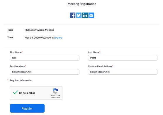 Zoom registračný formulár stretnutia