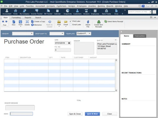 QuickBooks 2019 beszerzési rendelés létrehozása