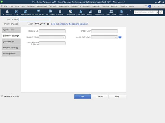 A főfájllisták beállítása a QuickBooks 2019-ben
