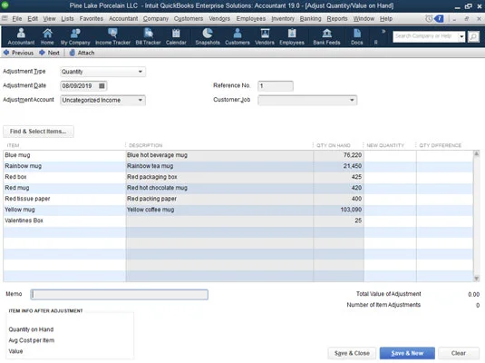 Elemek szerkesztése a QuickBooks 2019 tétellistán
