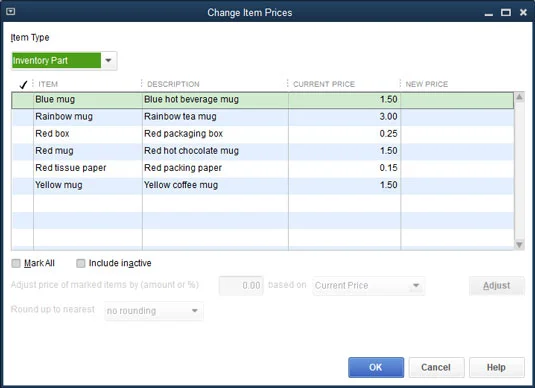 Elemek szerkesztése a QuickBooks 2019 tétellistán