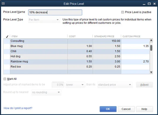 Elemek szerkesztése a QuickBooks 2019 tétellistán