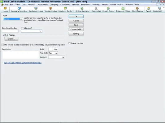 Elemek hozzáadása a QuickBooks 2010 tétellistájához