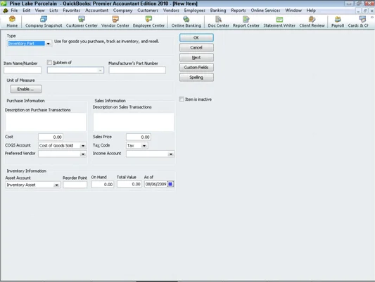 Elemek hozzáadása a QuickBooks 2010 tétellistájához
