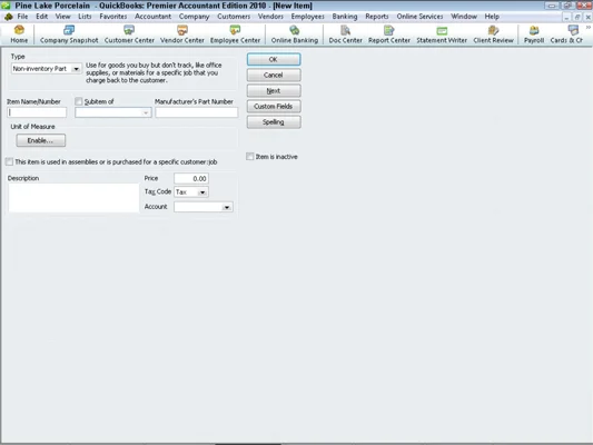Elemek hozzáadása a QuickBooks 2010 tétellistájához
