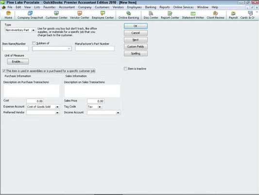 Elemek hozzáadása a QuickBooks 2010 tétellistájához