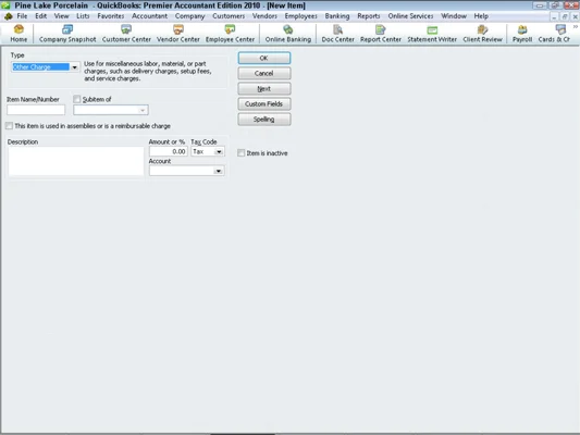 Elemek hozzáadása a QuickBooks 2010 tétellistájához
