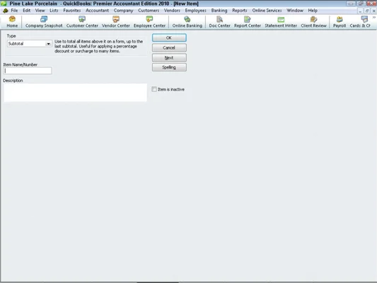 Elemek hozzáadása a QuickBooks 2010 tétellistájához