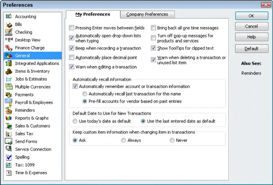Számviteli beállítások megadása a QuickBooks 2010 programban