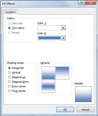 Užpildymo efektai dialogo langas„Excel 2010“