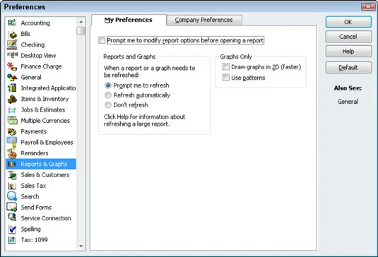 QuickBooks 2011 jelentések és grafikonok beállításai