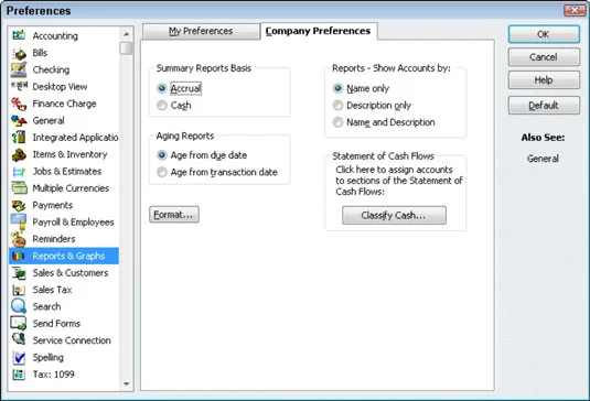 QuickBooks 2011 jelentések és grafikonok beállításai