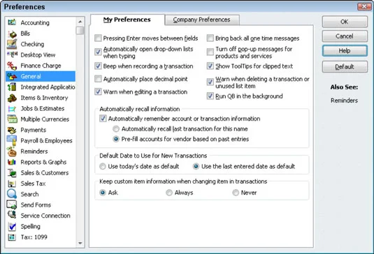 Általános beállítások megadása a QuickBooks 2011-ben