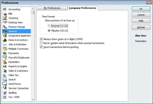 Általános beállítások megadása a QuickBooks 2011-ben