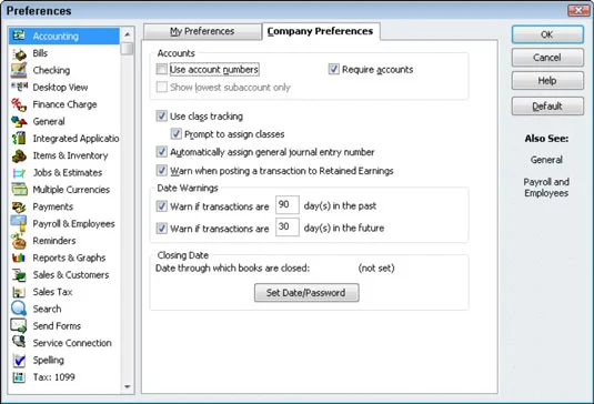 Как да зададете счетоводни предпочитания в QuickBooks 2011