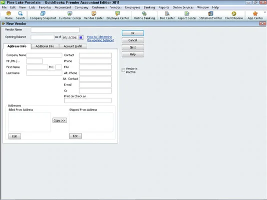 Eladó hozzáadása a QuickBooks 2011 szállítói listájához