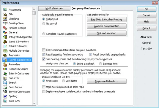 A bérszámfejtés működésének szabályozása a QuickBooks 2011-ben