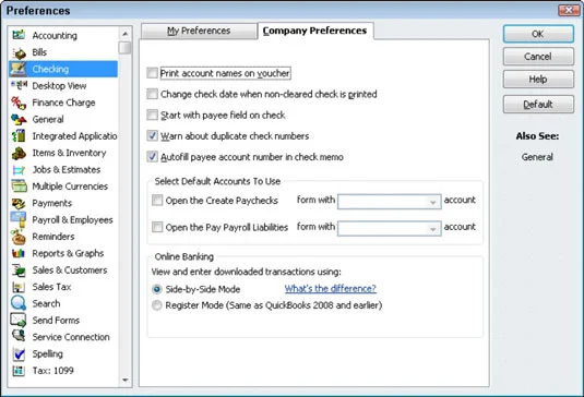 Как да зададете предпочитания за проверка в QuickBooks 2011