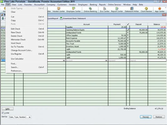 A szerkesztés menüparancsok használata a QuickBooks 2011-ben
