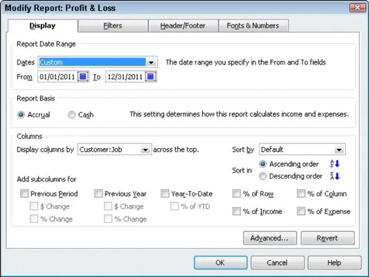 Jelentés módosítása és testreszabása a QuickBooks 2011-ben