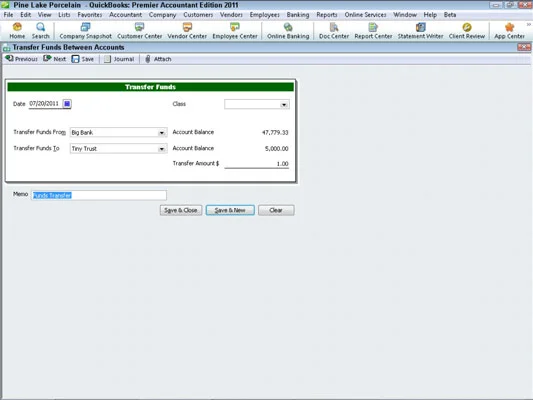 Pénz átutalása bankszámlák között a QuickBooks 2011-ben