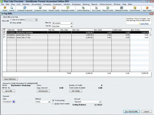 Számlák fizetése a QuickBooks 2011-ben