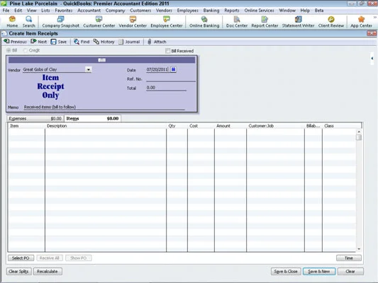 A tételek átvételének rögzítése a QuickBooks 2011 segítségével