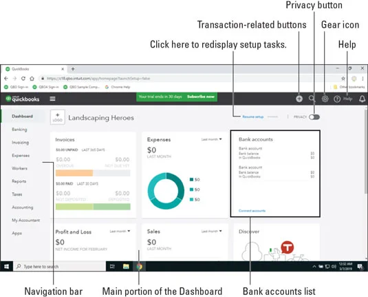 A QuickBooks online irányítópult oldala