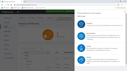 Termékek és szolgáltatások a QuickBooks Online-ban