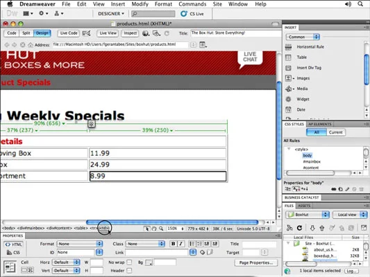 Tabell- og cellevalg i Adobe CS5 Dreamweaver