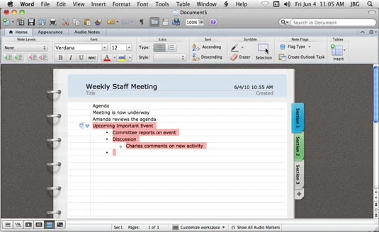 Piezīmju grāmatiņas izkārtojuma skata izmantošana programmā Word darbam ar Mac 2011