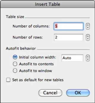 Office 2011 darbam ar Mac: tabulu izveide, izmantojot dialoglodziņu vai tekstu