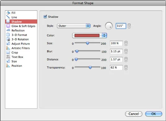 Office 2011 darbam ar Mac: ēnu, mirdzuma un atspulgu pievienošana formām