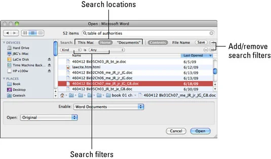 Failu meklēšana programmā Office 2011 darbam ar Mac