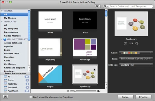 Atveriet PowerPoint prezentāciju galeriju programmā Office 2011 darbam ar Mac
