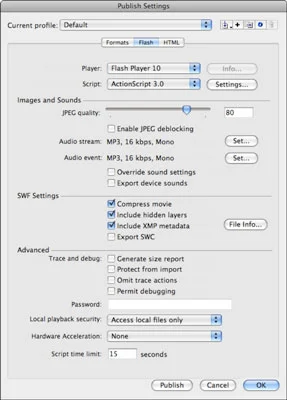 Flash CS5 publiseringsinnstillinger for SWF-filer