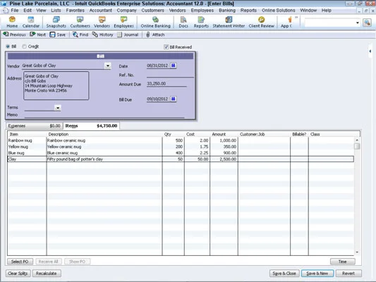 Въведете сметка, ако сте записали разписка за артикул в QuickBooks 2012