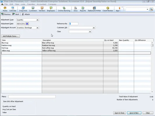 Коригирайте физическите преброявания и стойностите на инвентара в QuickBooks 2012