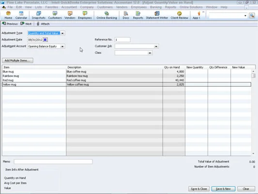 Коригирайте физическите преброявания и стойностите на инвентара в QuickBooks 2012
